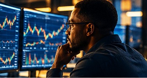 A trader studying futures price charts on two monitors